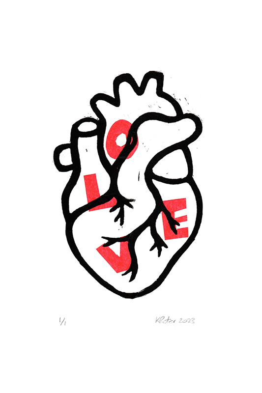 Heart LOVE Linocut print © 2023 Karin Pinter