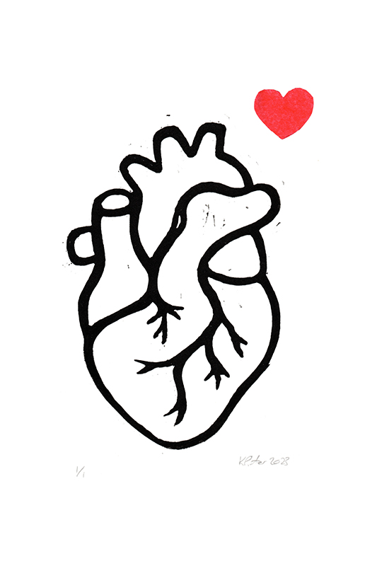 Heart & Red Heart Linocut print © 2023 Karin Pinter