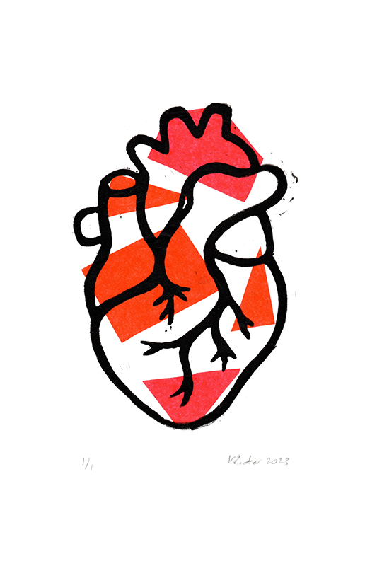 Orange & red heart linocut print © 2023 Karin Pinter